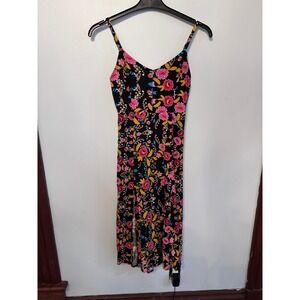 Express Floral Rayon Midi Sundress Black Pink Yellow Slit Smocked Back Women